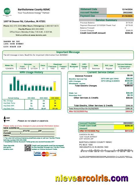 USA Indiana Bartholomew County REMC business utility bill